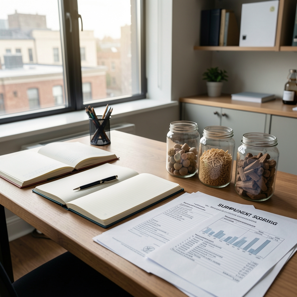 Interior of an editorial workspace with natural light, open notebooks, ingredient specimens in glass jars, and a desktop covered in supplement sourcing documentation
