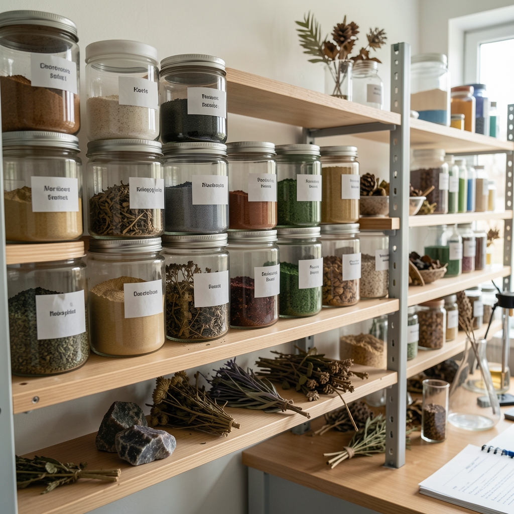 A shelf of labelled sample jars containing botanical powders, minerals, and dried plant specimens in a research documentation workspace