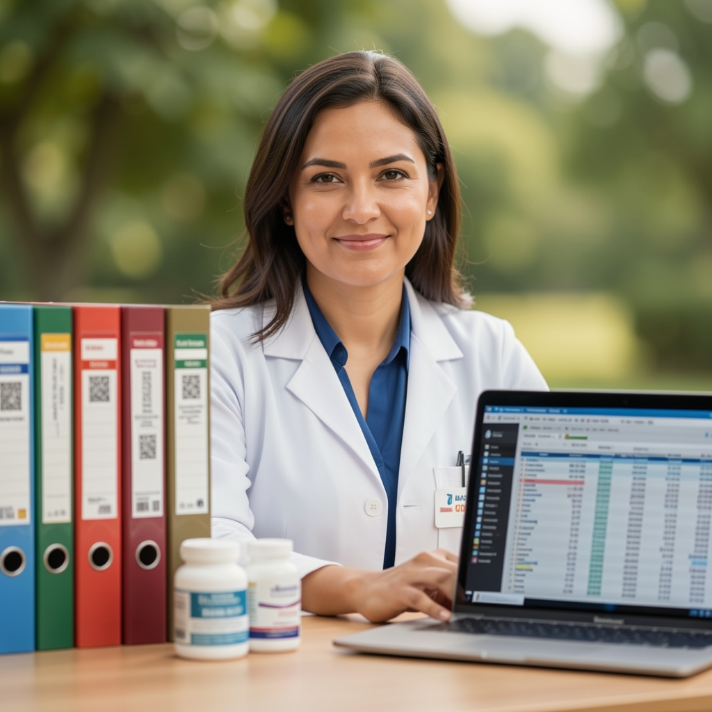 Editorial portrait of a nutritional researcher at a desk surrounded by supplement ingredient reference binders and a laptop displaying batch data