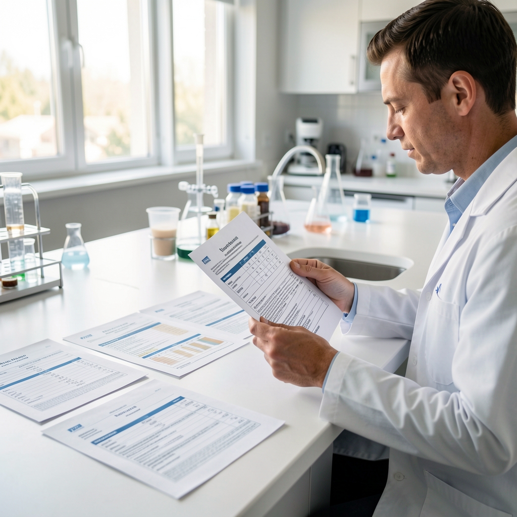 A food science professional reviewing printed dietary reference documents at a clean workspace with ingredient analysis reports spread across the table