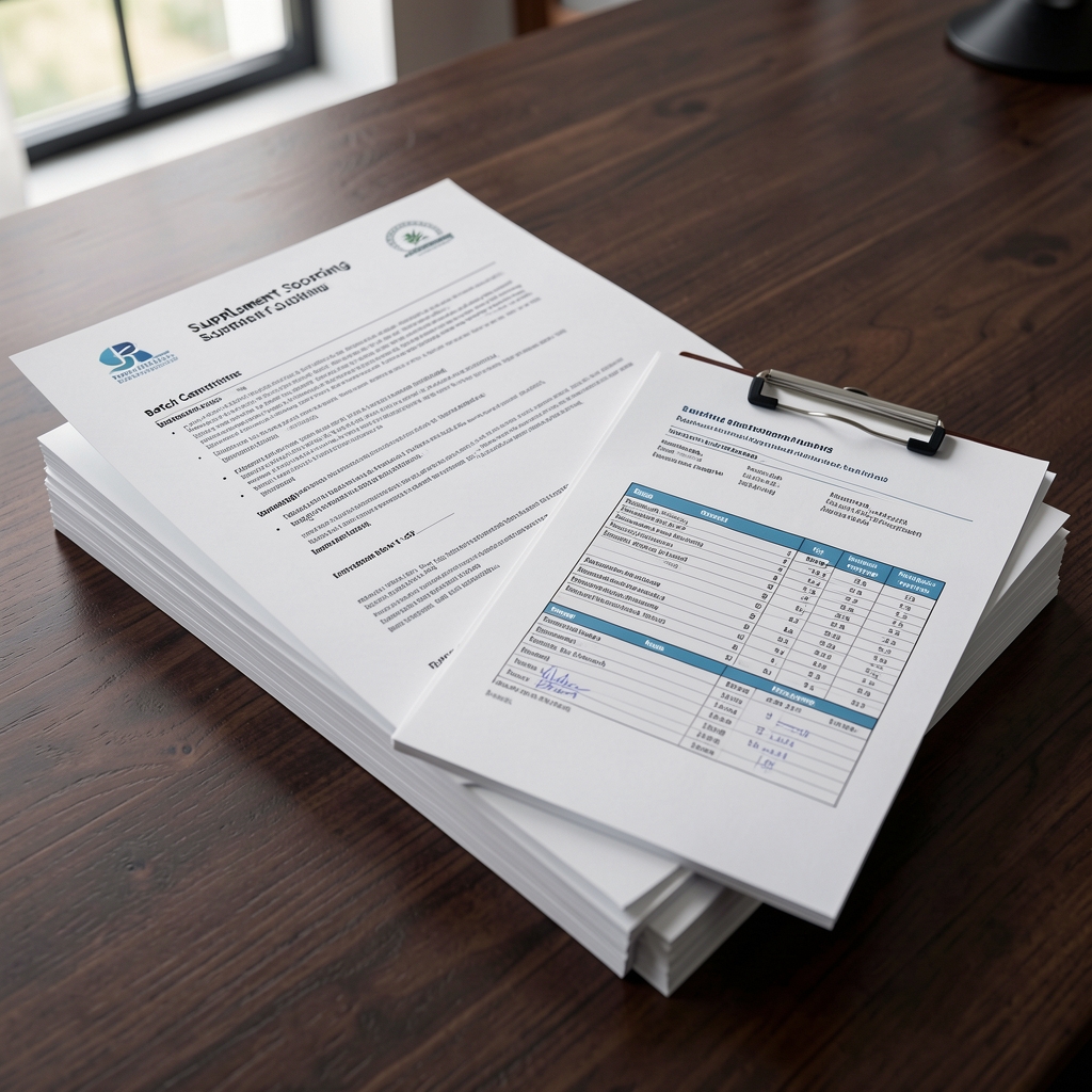 Stack of supplement sourcing documentation folders, batch certificates, and printed nutritional analysis reports on a dark wooden desk