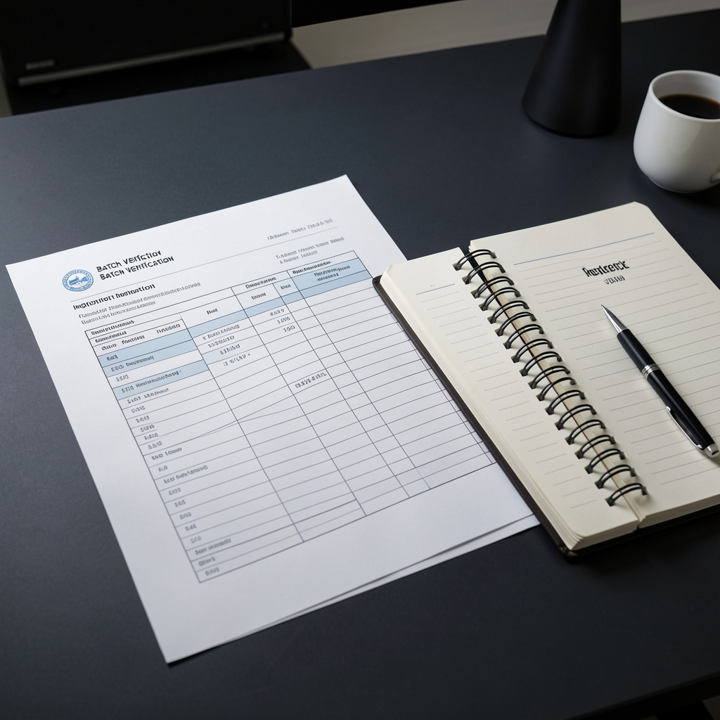 A clean documentation workspace with printed batch verification records, ingredient analysis spreadsheets, and reference notebooks laid flat on a dark desk under studio lighting