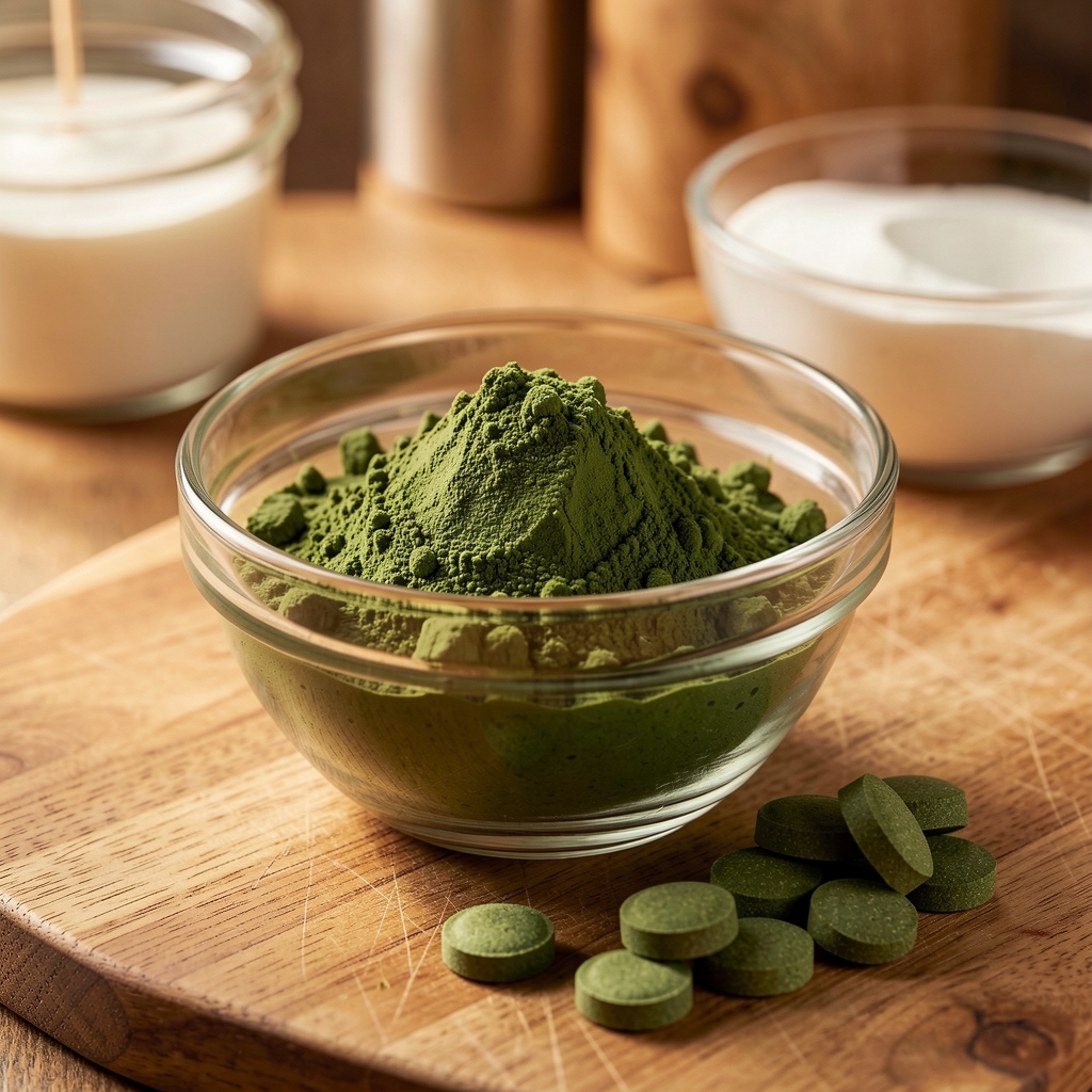 Glass bowl of green spirulina powder and chlorella portions on a wooden surface in a clean food-preparation workspace under warm studio lighting