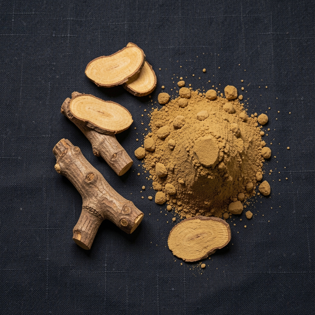 Dried ashwagandha root sections and powder on a dark linen cloth, overhead view under even studio lighting in a quality-control environment