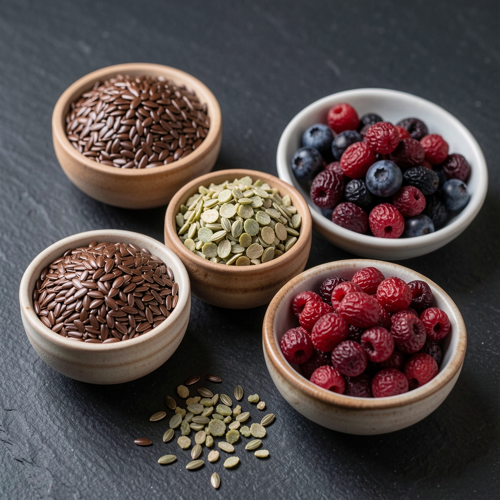 A collection of whole-food ingredient samples including flaxseed, hemp seed, and dried berries arranged in small bowls on a dark surface