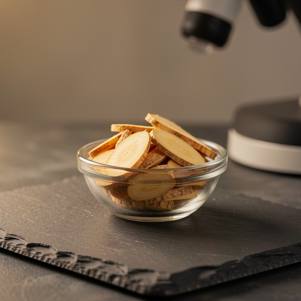 Panax ginseng sliced root pieces and concentrated extract in a small glass bowl on a dark stone surface under warm studio lighting in a quality-control environment