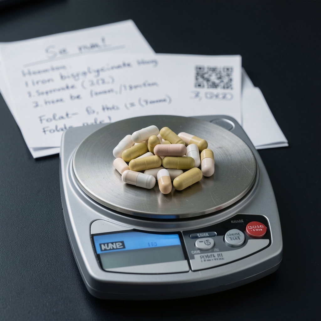 Iron bisglycinate and folate supplement portions weighed on a precision scale with handwritten measurement notes visible in the background on a dark workspace
